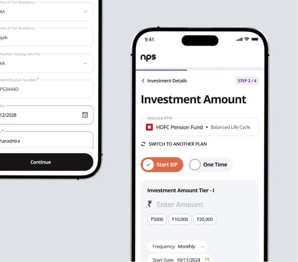 Personal details form beside the investment amount screen on a phone