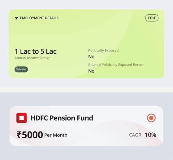 Employment details card and HDFC Pension Fund plan card