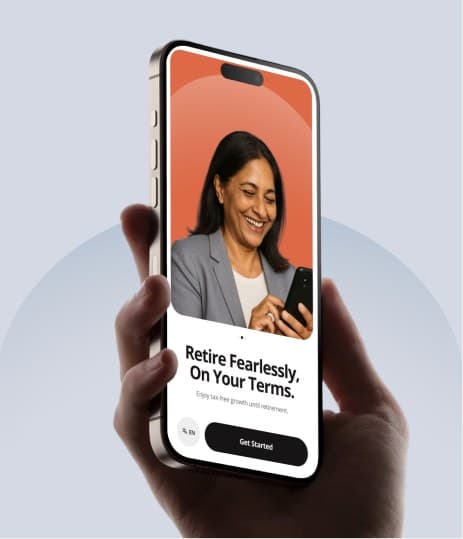 Hand holding a phone with the Retire Fearlessly, On Your Terms welcome screen