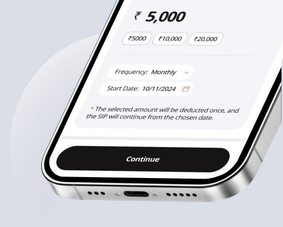 Phone showing a ₹5,000 monthly SIP amount with frequency and start date
