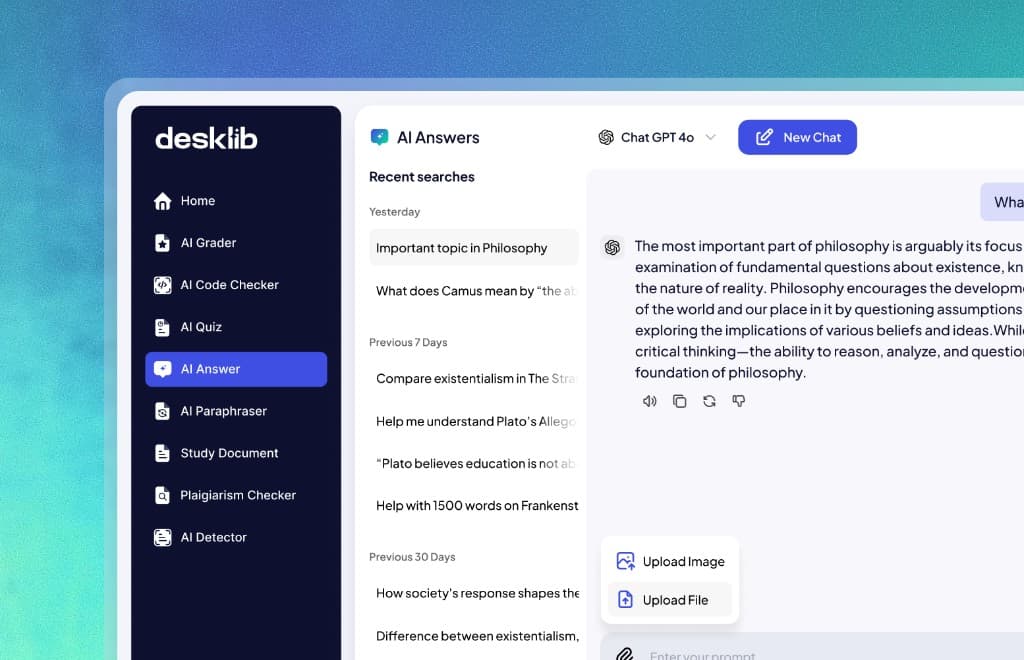 Desklib AI Answers screen with recent searches and a chat response